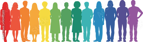 Diverse group of people silhouettes in rainbow gradient colors standing side by side diversity