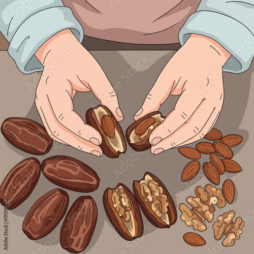 Hands stuffing dates with almonds and walnuts for ramadan dessert preparation on wooden table background flat vector illustration for health snacks