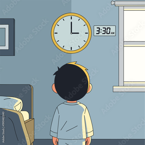 Child in pajamas awake at night looking at digital clock showing 3:30 AM bedroom setting