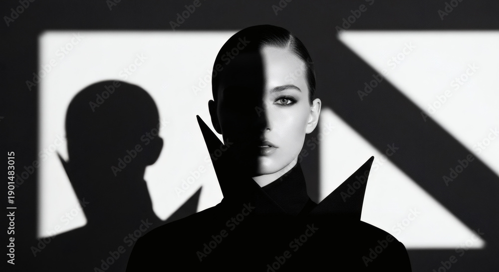 Fototapeta premium Minimal portrait using dramatic shadows and light, graphic shapes, modern artistic fashion photography