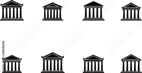 Black silhouette neoclassical buildings with columns and triangular pediments on white background