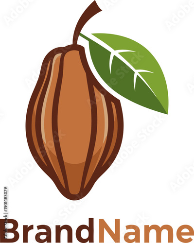 Cocoa pod illustration with leaf and placeholder text for branding purposes.