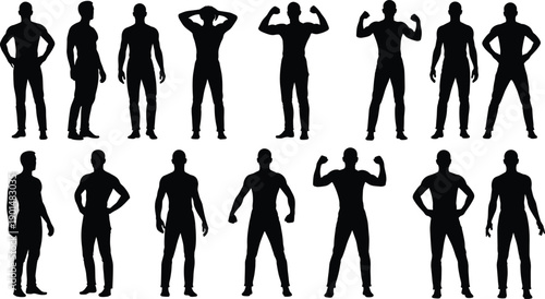 Black male silhouettes in various poses and actions on white background people