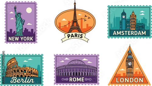 City landmarks on postage stamps featuring Statue of Liberty Eiffel Tower Big Ben Colosseum Pantheon