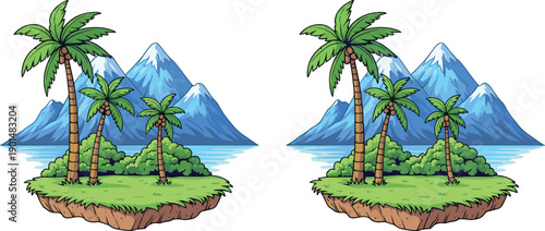 Cartoon island with palm trees green grass and snow capped mountains in background