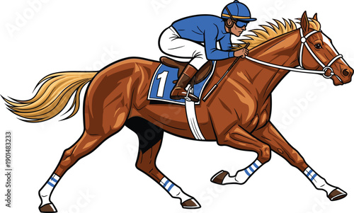 Brown horse with jockey wearing blue and white silks number 1 galloping forward racing