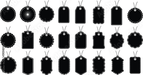 Price tag and label silhouette collection featuring blank hanging tags, sale labels, retail branding shapes, black isolated illustration set
