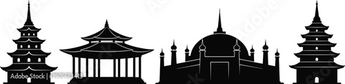 Black silhouettes of pagoda and mosque towers against white background