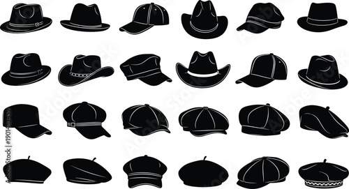 Hat silhouettes collection set, various men and women headwear styles including fedora cowboy cap beret, black vector icons isolated