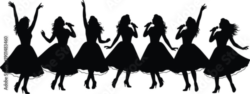 Elegant female singer silhouette sequence performing on stage with microphone, flowing dress, dynamic dance poses, concert illustration, music performance art