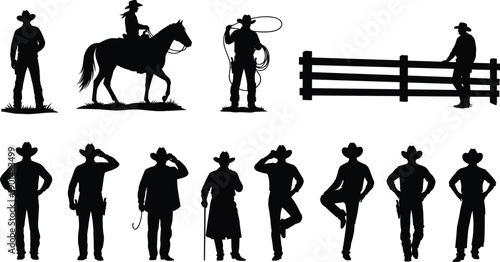 Cowboy silhouettes set with horse riding, ranch poses and western lifestyle scenes, wild west men collection, black vector illustration isolated