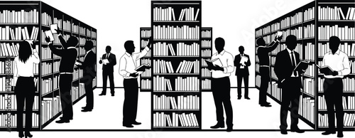 Library reading and research silhouette scene, people studying bookshelves, academic learning and knowledge environment illustration isolated on white background
