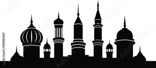 Black silhouette of mosque towers and domes on white background minarets