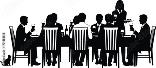 Elegant dinner party silhouette scene, people dining with wine, restaurant service and social gathering concept, formal evening illustration isolated on white background