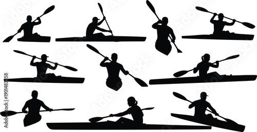 Kayaking and canoeing silhouette set, paddling athletes in different poses, water sports activity collection, black outdoor recreation illustrations isolated on white background