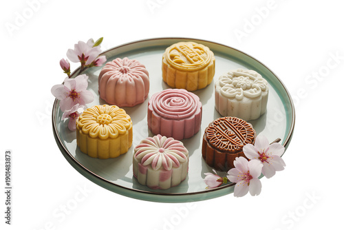 Isolated gourmet scene of baked mooncakes with pink cherry blossoms, ideal for seasonal promotions, cultural celebrations, and elegant desserts