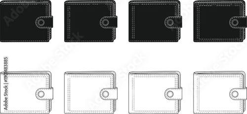 Black and white line of closed wallets with snap closures billfold money clip