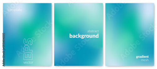 Abstract liquid background set. Gradient mesh. Effect blend blue green color. Blurred fluid colorful mix. Modern design template for web cover, header, ad banner, poster, brochure, flyer. Vector image