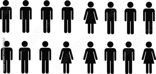Human silhouette icons set, male and female restroom symbols, black people pictograms isolated on white background for signage and design