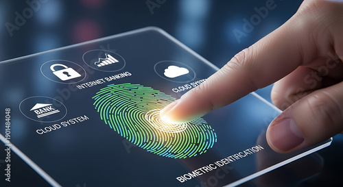 Finger touching biometric fingerprint scanner on futuristic tablet