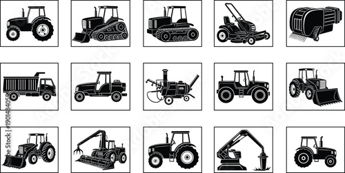 Agricultural and construction machinery icons set, black and white vector illustrations of tractors, harvesters, loaders, trucks, and farming equipment