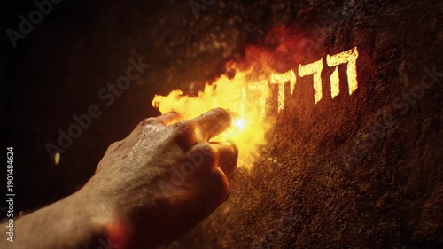 **Cinematic close up of a hand writing glowing Hebrew letters on a stone wall with fire. Dramatic biblical prophecy of judgment from the book of Daniel.