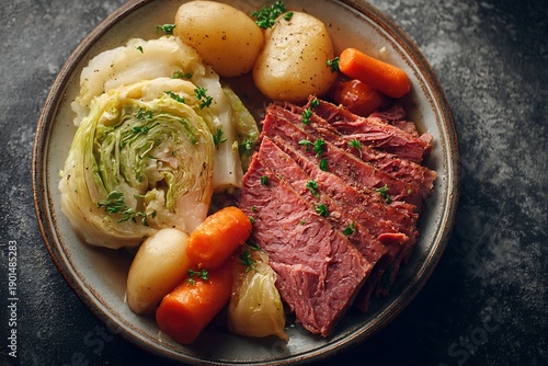 A hearty plate of corned beef and cabbage with potatoes and carrots, a traditional Irish-American dish.