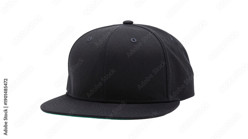 Fototapeta premium Stylish black flat brim baseball cap isolated on white background, clean modern design for urban fashion