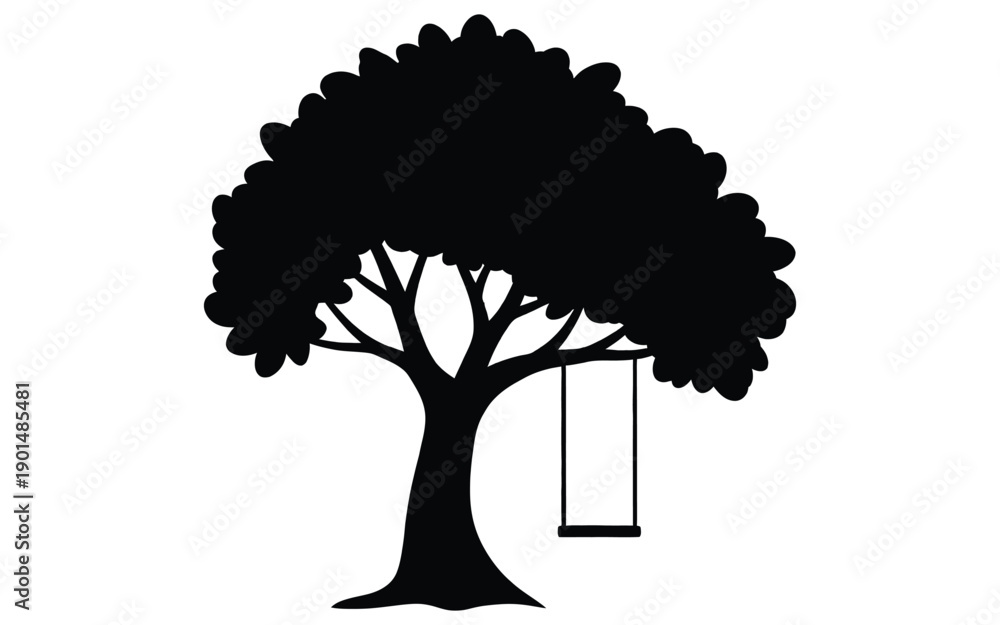 Fototapeta premium Black silhouette of a tree with a swing hanging from a branch