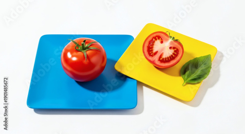 Playful minimal food scene with bold color contrast, graphic composition, modern advertising style