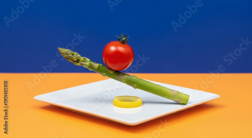 Playful minimal food scene with bold color contrast, graphic composition, modern advertising style
