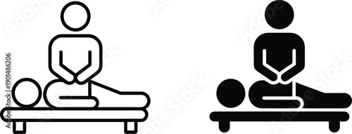 Acupressure or massage therapy icon set person receiving back treatment from practitioner on table