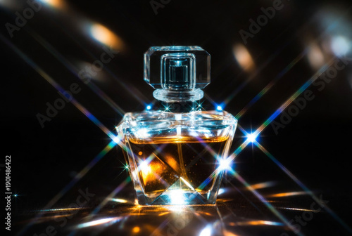 Shiny perfume bottle with light reflections on dark background during evening time