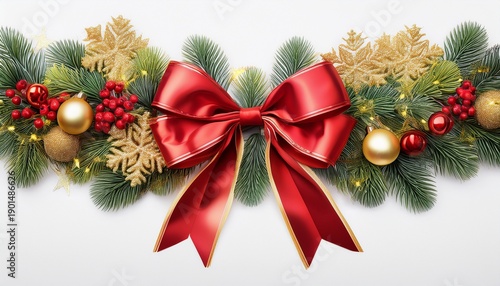 Festive Christmas Garland With Red Bows And Golden Ornaments Isolated On Transparent Background