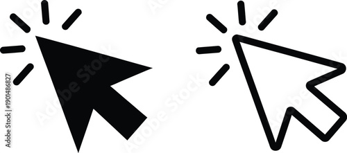 Set of two cursor icons solid black pointer and outline pointer, indicating a click action with radiating lines