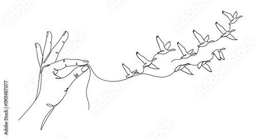 A delicate line drawing depicts a human hand gently releasing several birds into flight amongst leafy branches high quality professional detailed modern elegant stylish