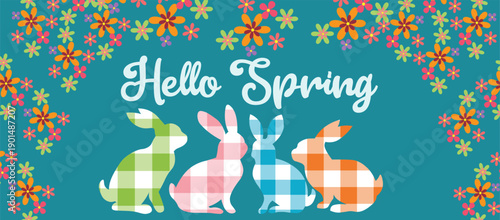 Hello Spring banner with plaid checkered gingham bunnies and floral border on teal background vector illustration.