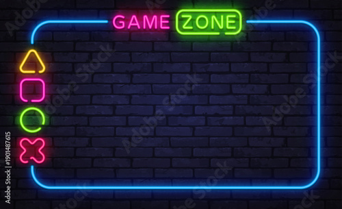 Neon game zone banner with glowing controller symbols and bright frame. Futuristic gaming background perfect for esports, arcade spaces, or digital screens.