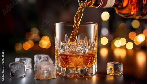 Pouring Amber Whiskey Into A Glass With Ice Cubes And Bokeh Background