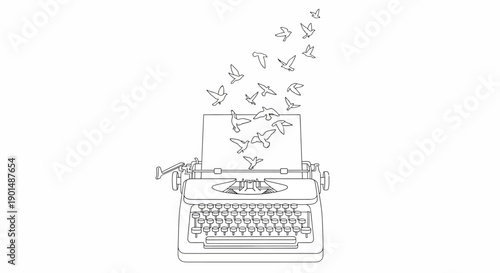 A vintage typewriter is depicted with a flock of birds emerging from the paper symbolizing creativity and storytelling high quality professional detailed modern elegant