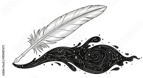A detailed monochrome illustration depicts a feather resting atop swirling ink evoking themes of cosmic creativity and artistic expression high quality professional modern elegant