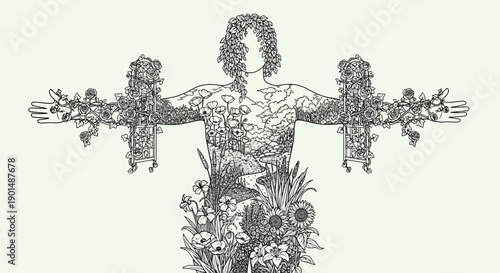 A striking black and white illustration depicts a human figure with outstretched arms intricately patterned with floral and botanical elements high quality professional detailed