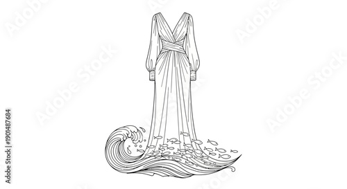 A detailed black and white illustration depicts a long flowing gown merging with stylized waves and floral elements below high quality professional modern elegant