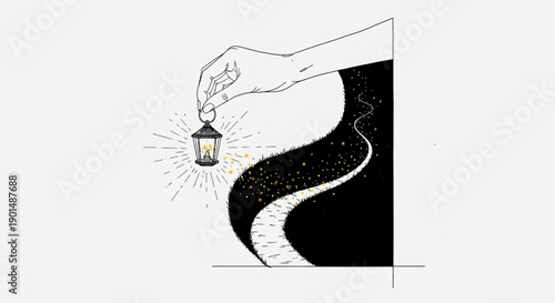 A delicately drawn illustration depicts a hand extending toward a glowing lantern illuminating a winding path amidst darkness high quality professional detailed modern elegant