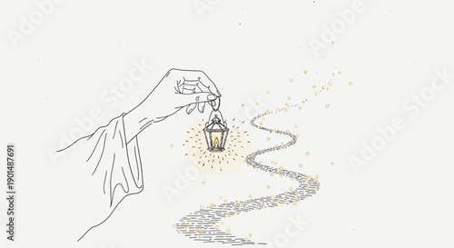 A delicately drawn illustration depicts a hand releasing a glowing lantern illuminating a winding path of sparkling golden light high quality professional detailed modern