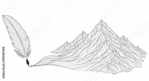 A detailed black and white illustration showcases a feather transforming into a rugged mountain range symbolizing creativity high quality professional modern elegant stylish clean