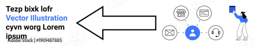 Communication systems, networking, digital marketing, teamwork, information flow, user interaction. Arrow pointing to icons for user profile, messaging and connectivity. Communication systems