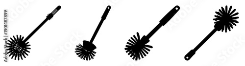 Set of four modern black toilet brushes vector icons isolated on white background for cleaning hygiene