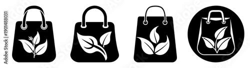 Eco friendly reusable shopping bag vector icon set with green leaf design minimalist sustainable packaging illustration isolated