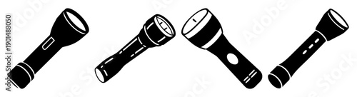 Set of four black and silver flashlight vector icons isolated on white background for safety and emergency use